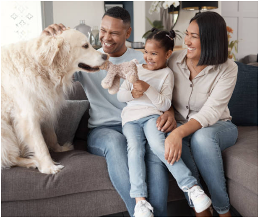 Happy family with their beloved dog - trusted pet relocation